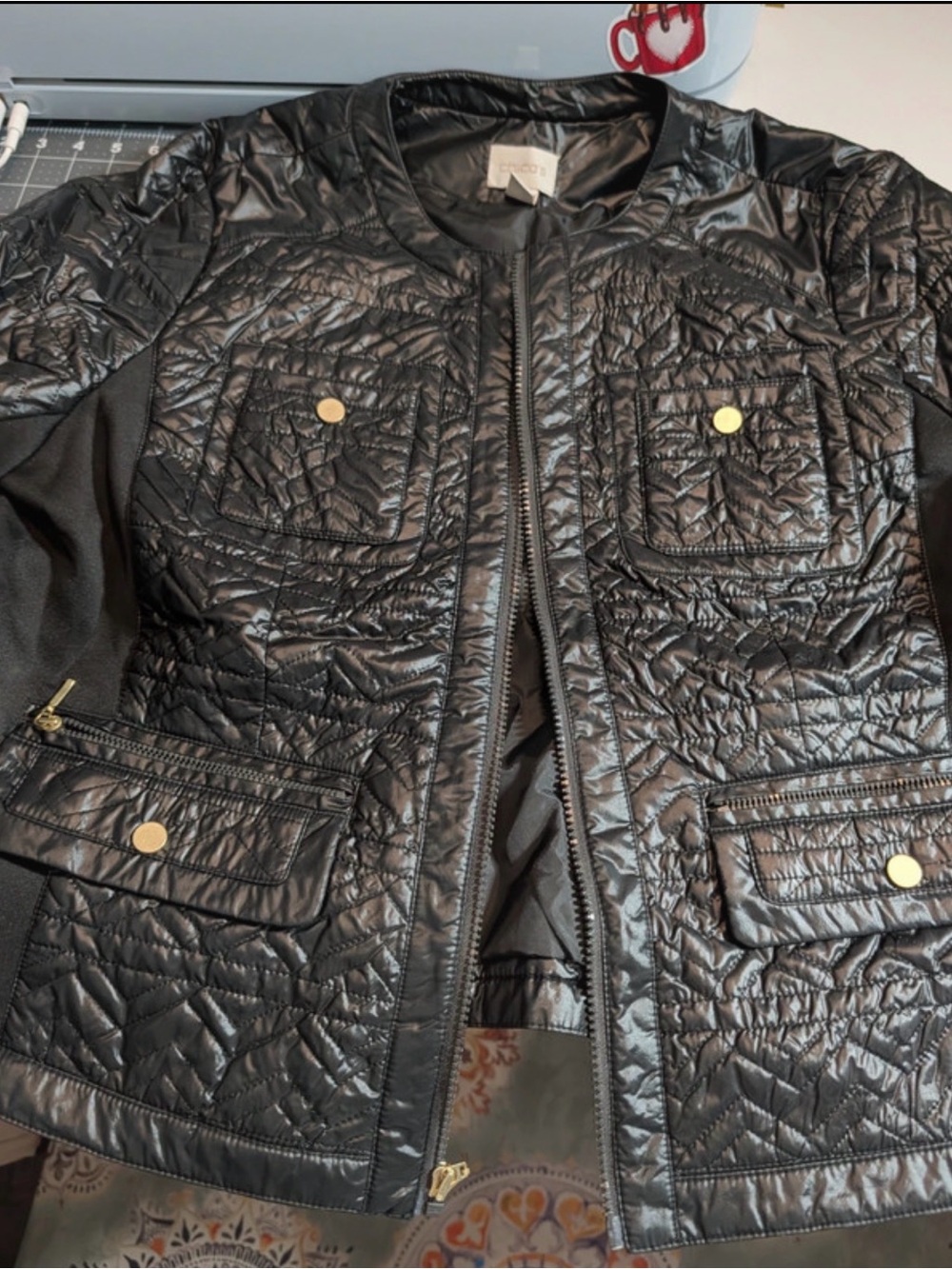 Chico's Black Quilted Jacket with Gold Buttons - Picture 2 of 9